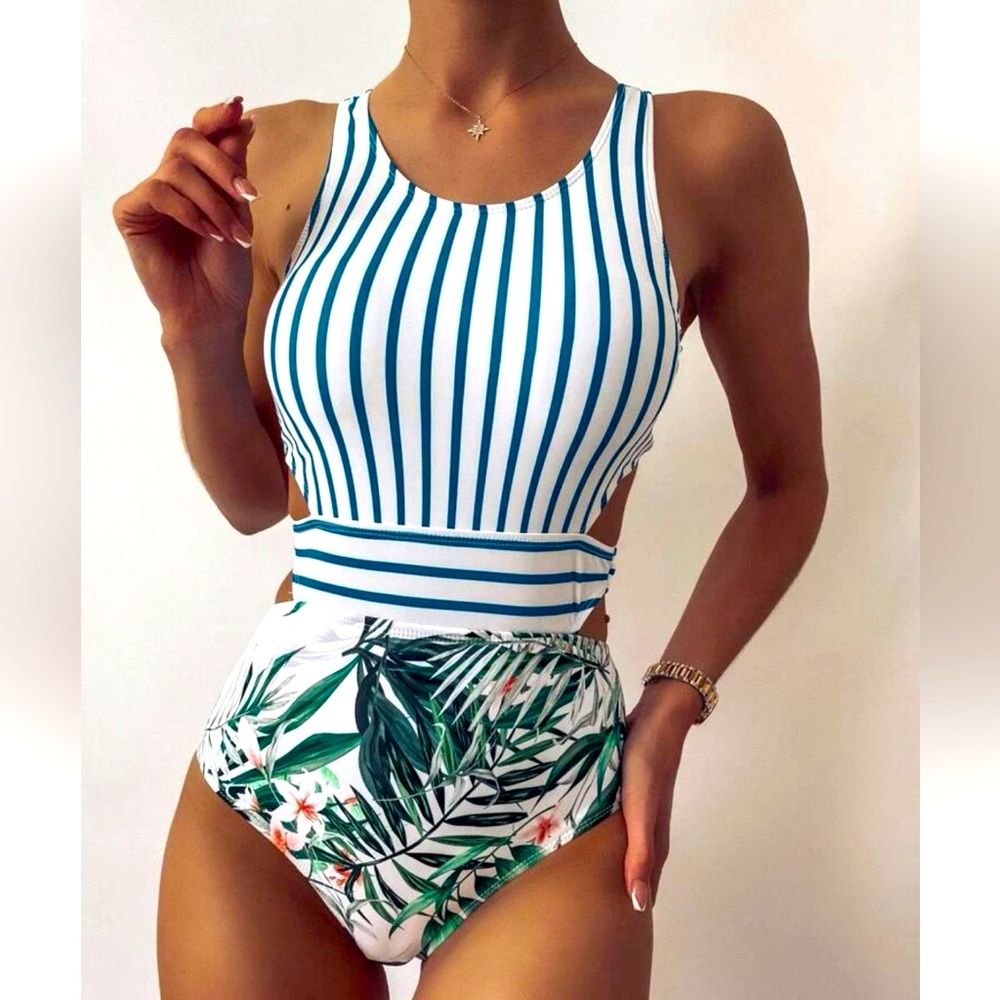 Floral and Striped one piece swim L